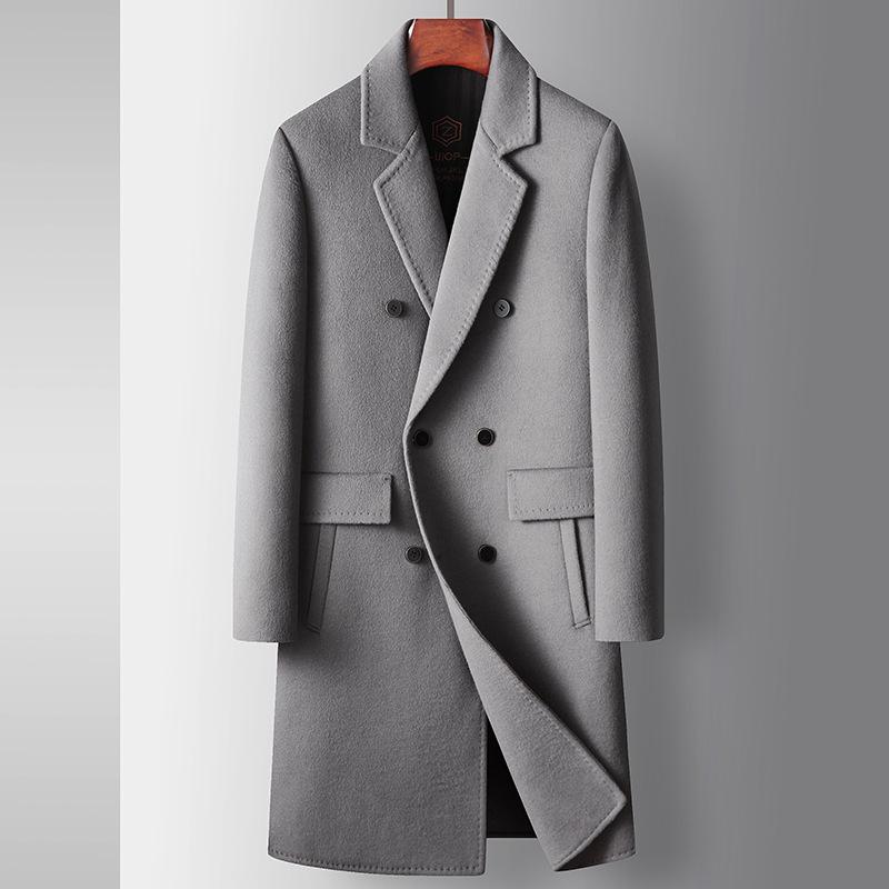 Men's Coat Autumn and Winter Long Double-breasted Handmade Wool Trench Coat, Youth Business Double-sided, Solid Color Warm Coat