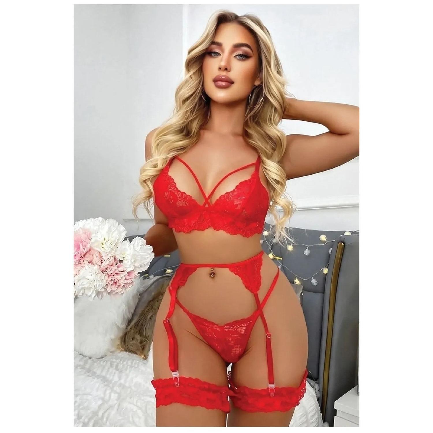 

Красная кружевная подвязка, бюстгальтер, трусики, подвязка для приданого