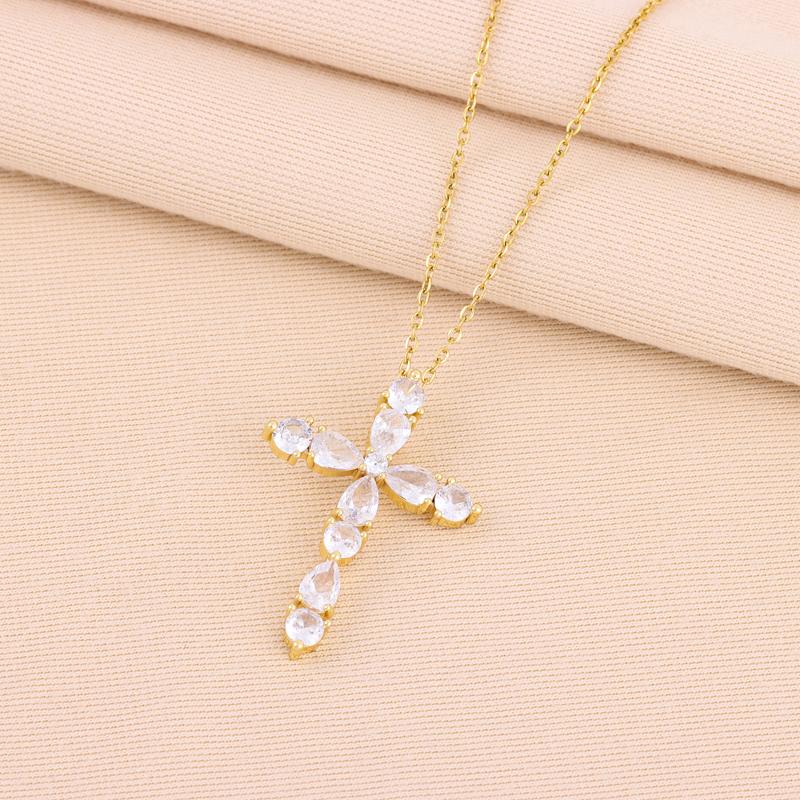 New Super Shining Zircon Crystal Cross Pendant Necklaces For Women Trendy Female Stainless Steel Neck Chain Jewelry
