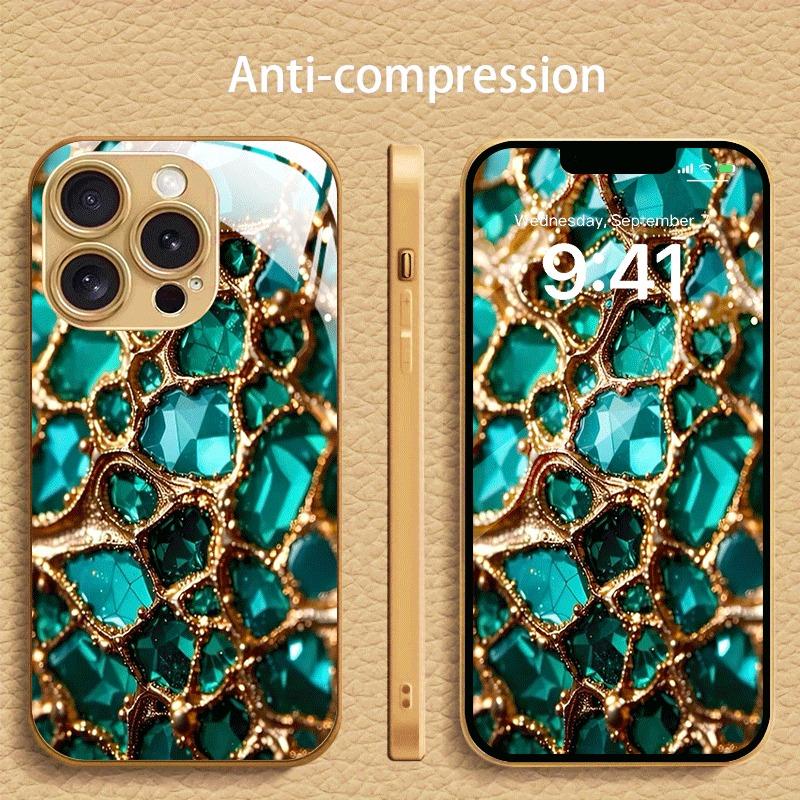Kreatives Jade-Gold-Muster Gold-Metallic-Lack Glas-Handyhülle Für iPhone 11 12 13 14 15 16 17 Pro Max 14 Plus 17Air 16E Hülle