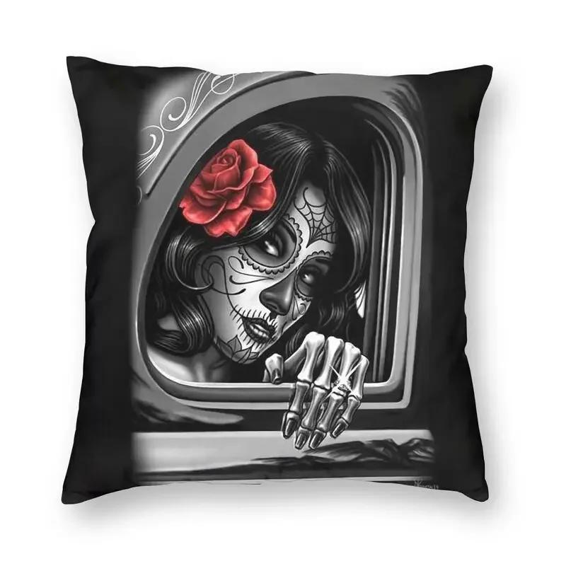 Halloween Zuckerschädel Mädchen Kissenbezug Sofa Heim Dekoration Mexikanisch Chicano Stil Quadratischer Wurfkissenbezug 40x40cm