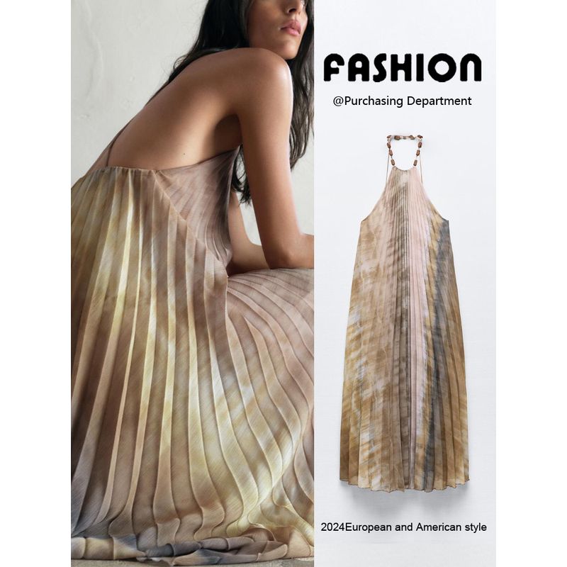Za2024 Summer New Product Women's Clothes Vacation Style off-the-Shoulder Tie-Dye Hanging Collar Pleated Dress 3666096 330