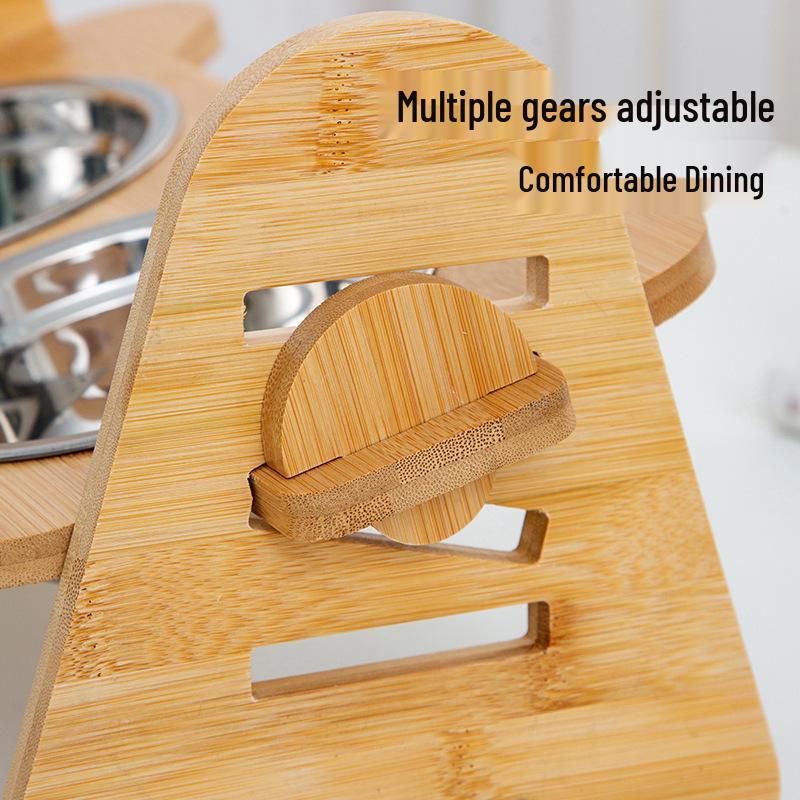 Adjustable Bamboo Cat & Dog Bowl Stand with Double Bowls and Pet Neck Protection