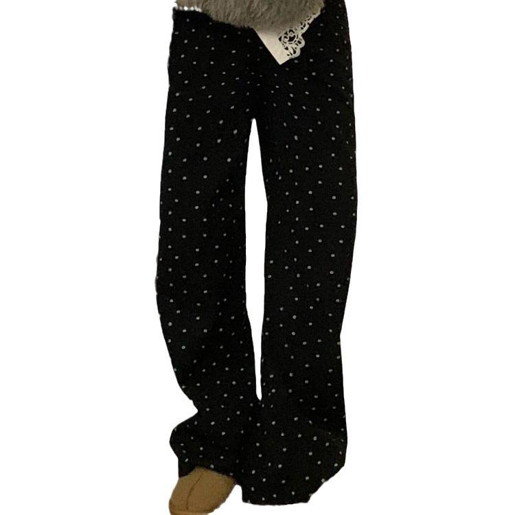 Women's High Waist Black Polka Dot Floral Wide-Leg Trousers with Velvet Lining - Autumn/Winter