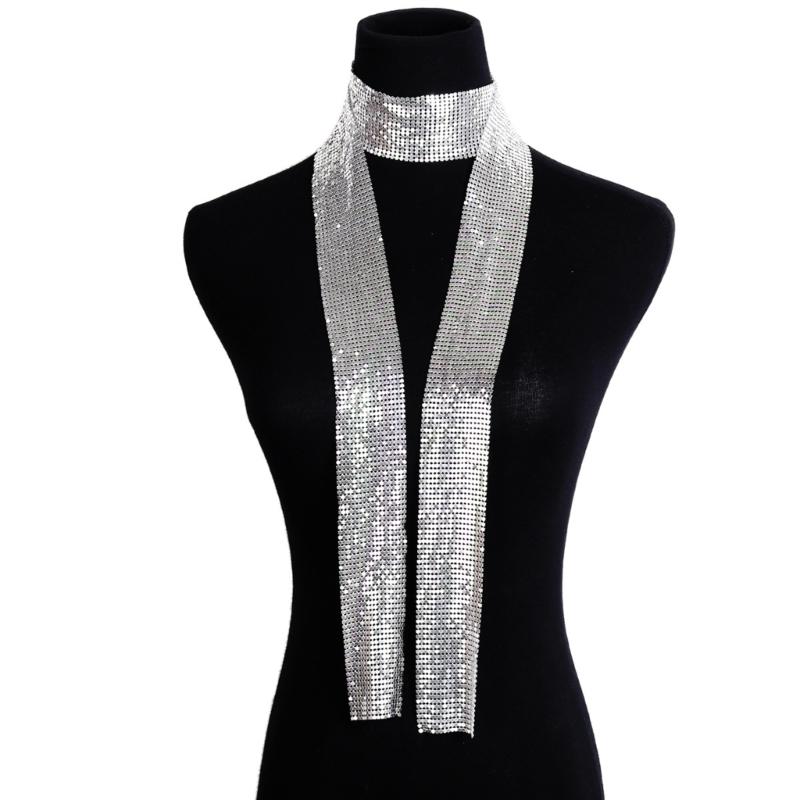 Women Glitter Sparkle-Metal Sequins Neck Tie Scarf Party Evening Long Thin Skinny Tie Shawls Neckerchief Necklace-Decor