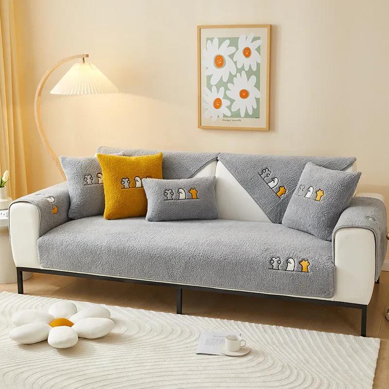 Winter Thicken Sofa Towel Solid Color Lamb Wool Plush Sofa Cushion Corner Soft Slipcovers For Living Room Decor Couch Cover
