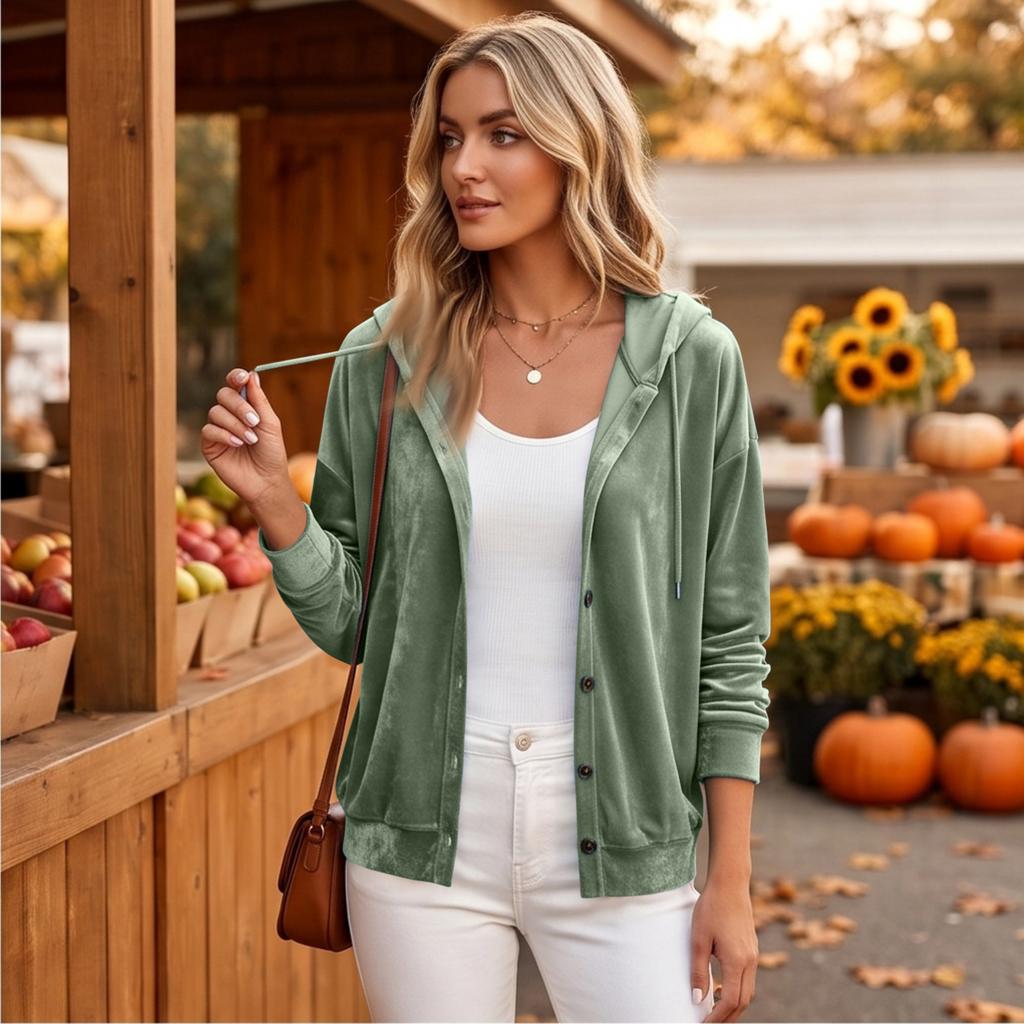 Women's Button Down Hooded Cardigan Long Sleeve Loose Fit Color Casual Top
