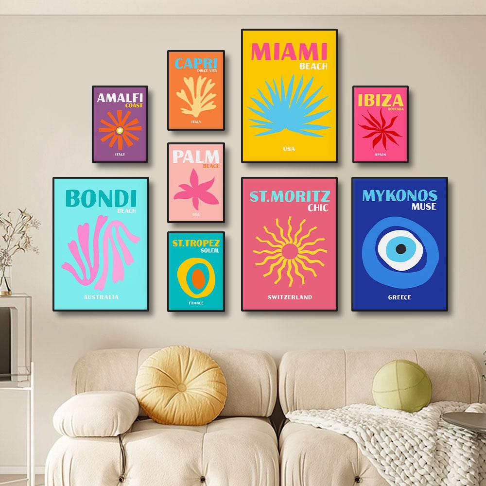 Modern Scenic Travel Mykonos Palme Miami Wandkunst Poster Drucke Boho Maximalistischer Stil Leinwandmalerei Bild für Zimmer Heimdekor