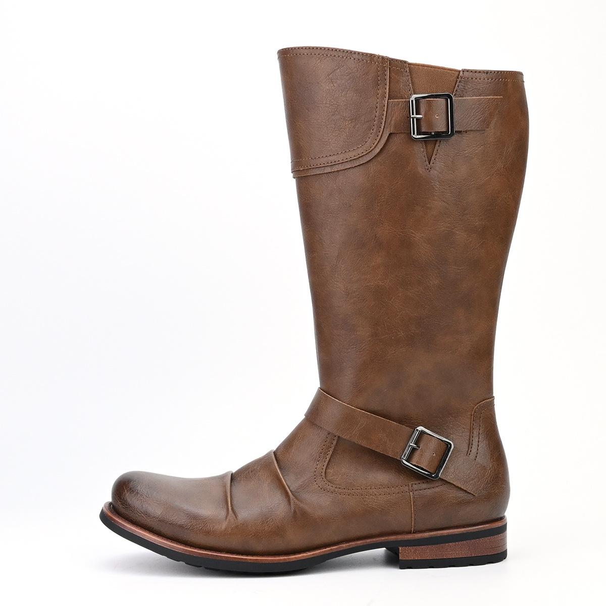 

Модные мужские ботфорты до колена, ретро ковбойские сапоги в западном стиле, плиссированный дизайн, сапоги с длинным голенищем, брендовые повседневные кожаные сапоги, мотоциклетные рыцарские сапоги 40 темно-коричневого