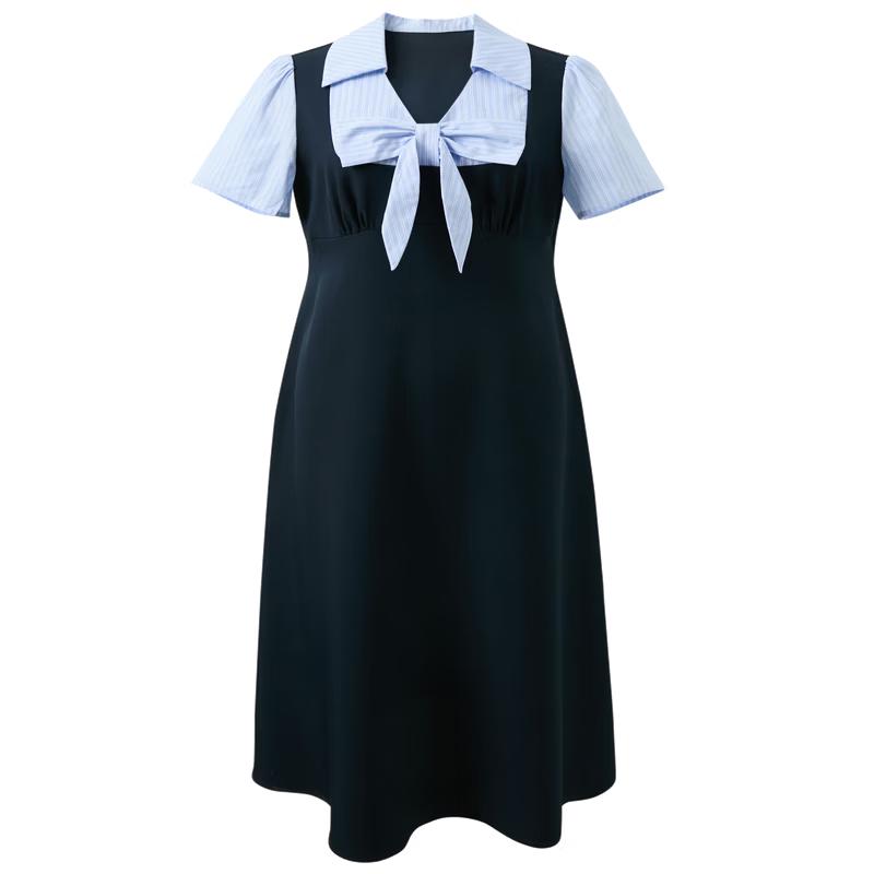 Sancai Plus Size Faux Two-Piece Striped Long Dress L