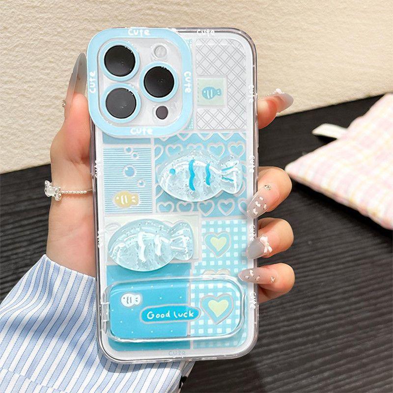 Fresh Three dimensional Cute Little Fish Suitable for Apple 16promax Protective Case Mirror Bracket Iphone15 Mobile Phone Case