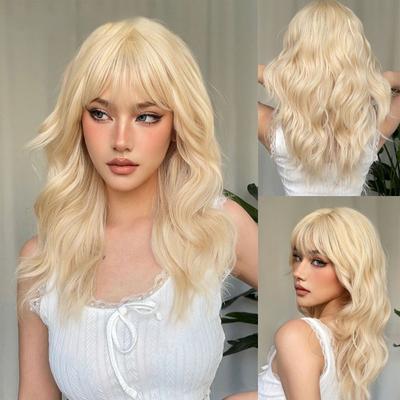 Long Wavy Blonde Synthetic Wigs Platinum Daily Natural Hair Wigs With Bangs Cosplay Wig for Women Heat Resistant