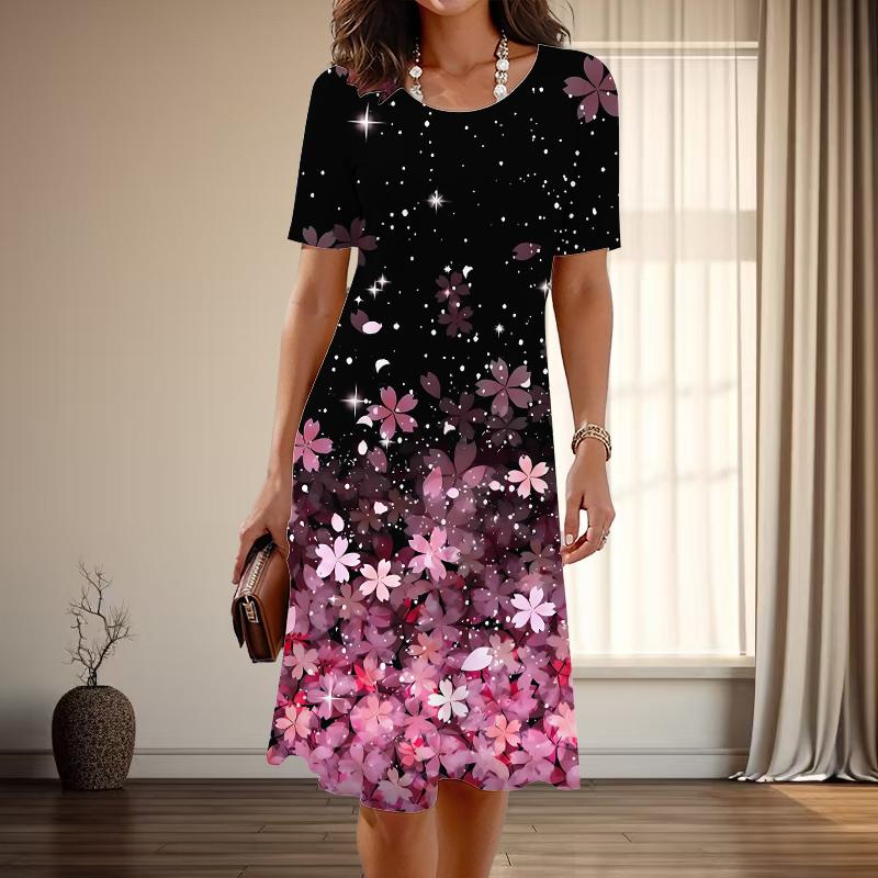 

Женская мода изящный принт вишневого цвета лето весна короткий рукав О-образный вырез повседневные платья 8XL фиолетовый