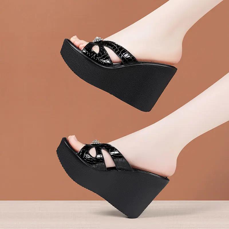 8cm 11cm Small Size 33-43 Elegant Bright Leather Shoes Platform Wedges Slides 2025 Summer High Heels Slippers for Office Model