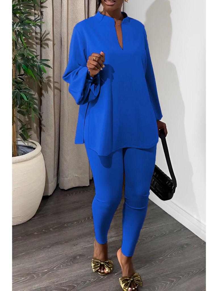 Elegant Two-Piece Set: V-Neck Split Top & Solid Color Skinny Pants