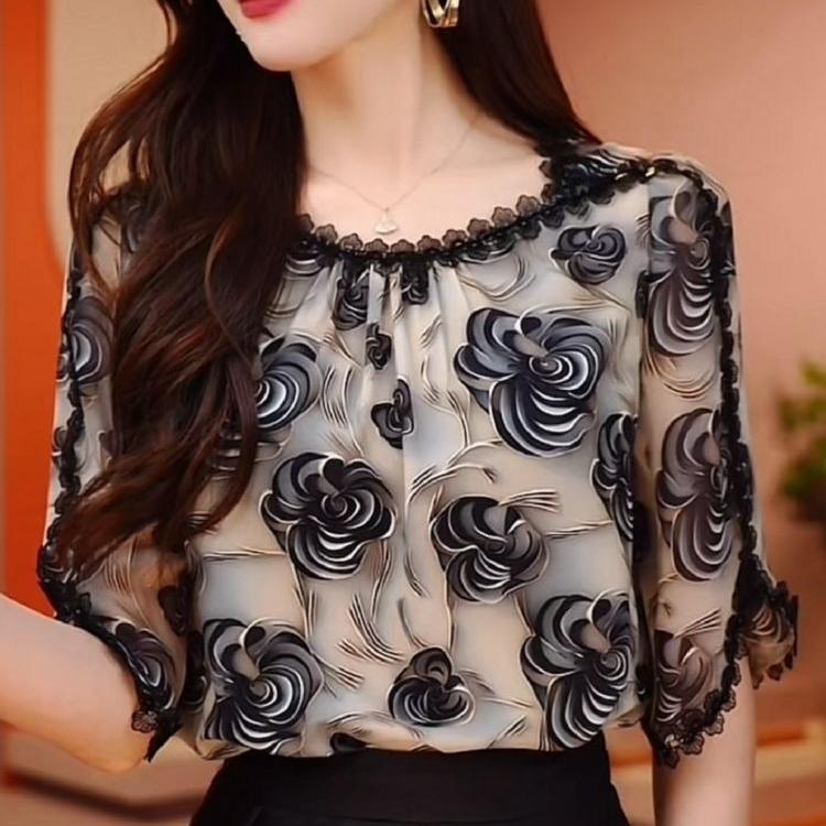 Bluză de vară pentru femei mărimi mari, lejeră, cu imprimeu floral, gât rotund, din șifon, tricou floral cu mânecă scurtă