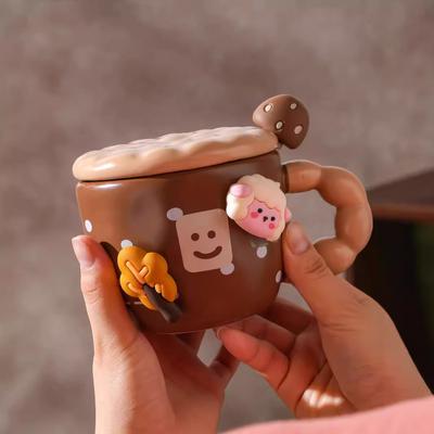 Creative Magnetic Sucking Lamb Mug Cute Ceramic Water Cup Cartoon Coffee Cup with Lid Spoon Couple Cup Souvenir Gift Women