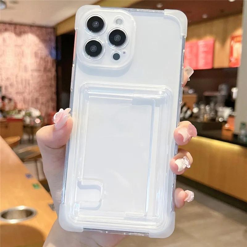 Four Corner Anti Falling Card Slot Bag Transparent Phone Case For iPhone 13 12 11 14ProMax 15ProMax 15 Plus Soft Silicone Cover
