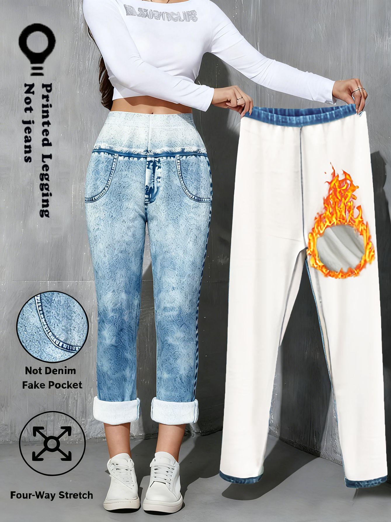 Women s High-Waisted Fleece-Lined Faux Denim Leggings - Stretchy, Skinny, Winter Wear S светло-синий