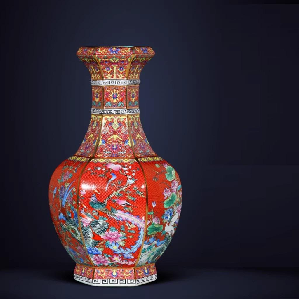 Qianlong Enamel Orange Flower And Bird Hexagonal Vase Antique Jingdezhen Porcelain Home Chinese Decoration
