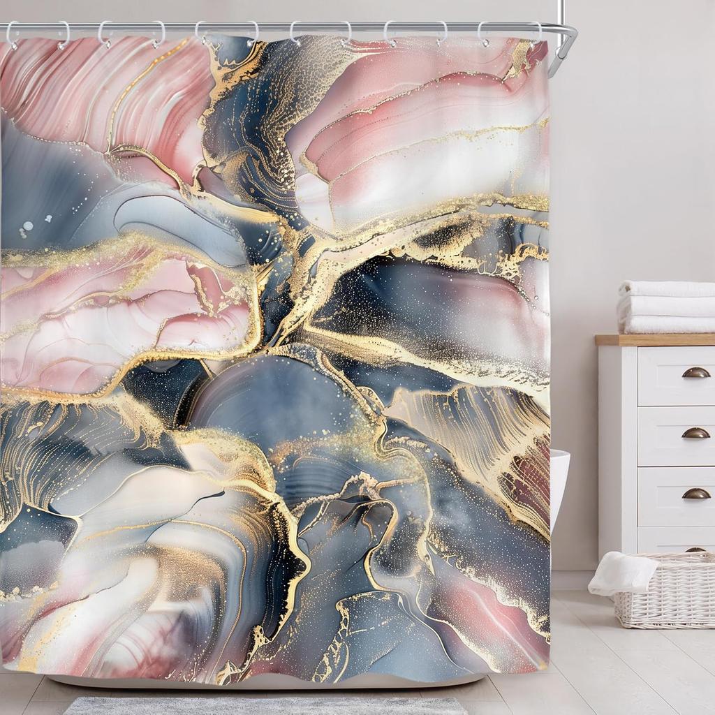 Navy Blue Pink Rose Gold Marble Abstract Shower Curtain for Bathroom Decor Modern Purple Marble Ombre Luxury Texture Geometric