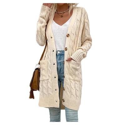 Gestrickte Taschen-Strickjacke Herbst Winter Lang Zopfmuster Knopf-Strickjacke Pullover Mantel