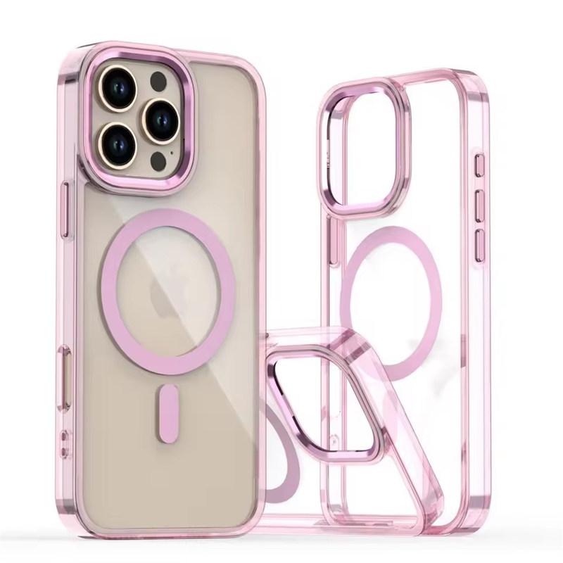

Мощный магнитный чехол Magsafe Ring Metal Lens Buttons Clear Case для iPhone 16 Pro Max 15 Pro Max 14 Pro 13 12 11 Protect Cover iPhone 16 Pro Max розовый