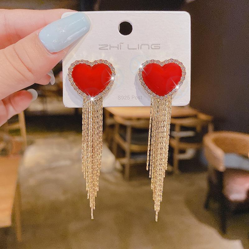 S925 Sterling Silver Heart-Shaped Rhinestone Pearl Studs: Two-Way Long Tassel Earrings