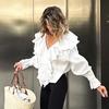 1116 Spring French ruffle V-neck top femininity professional inner pure cotton long-sleeved women's shirt wholesale