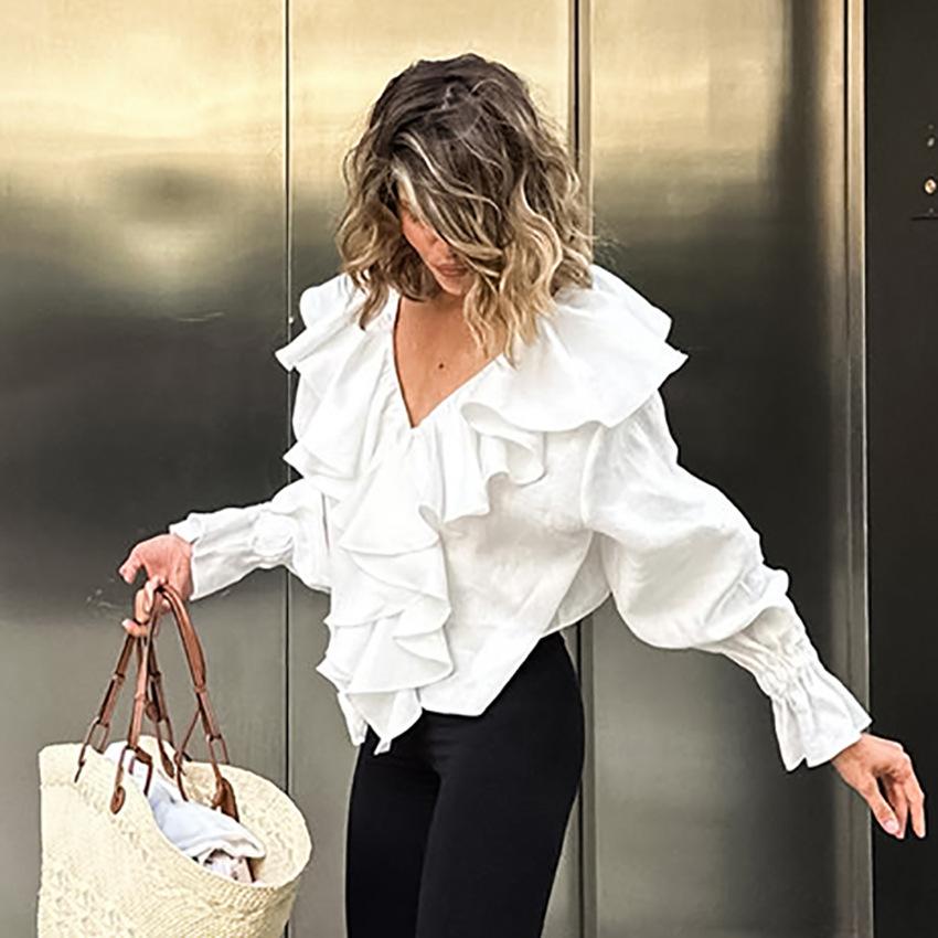 1116 Spring French ruffle V-neck top femininity professional inner pure cotton long-sleeved women's shirt wholesale