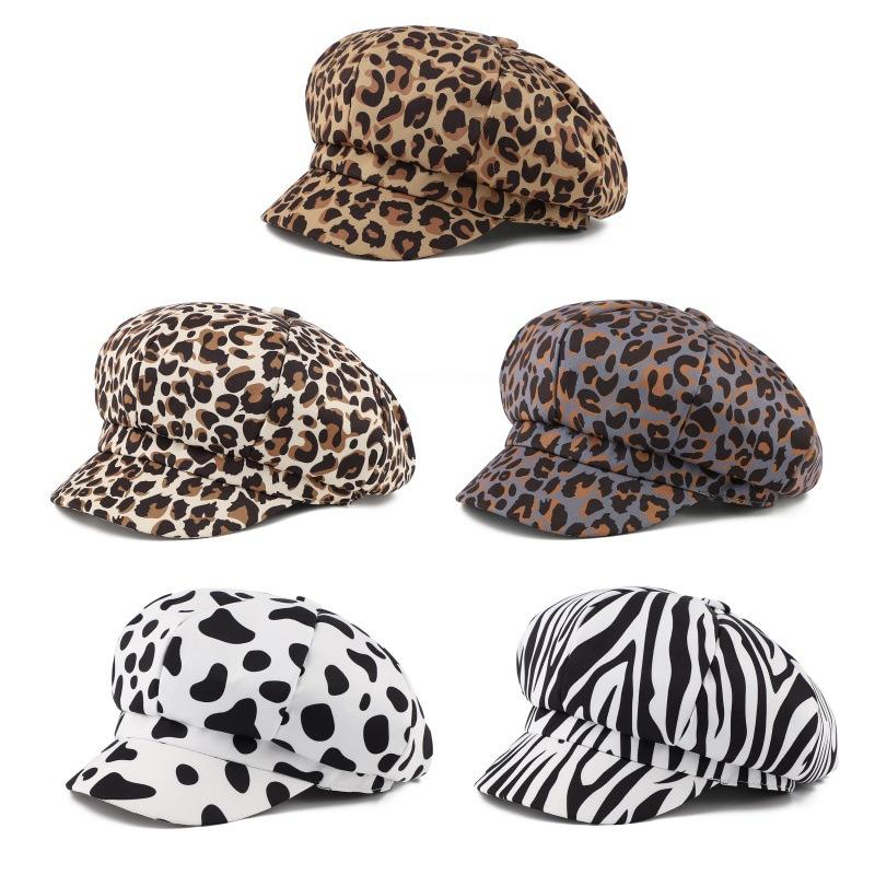 Hat Female summer leopard print zebra pattern octagonal hat duck tongue beret European and American face little painter hat