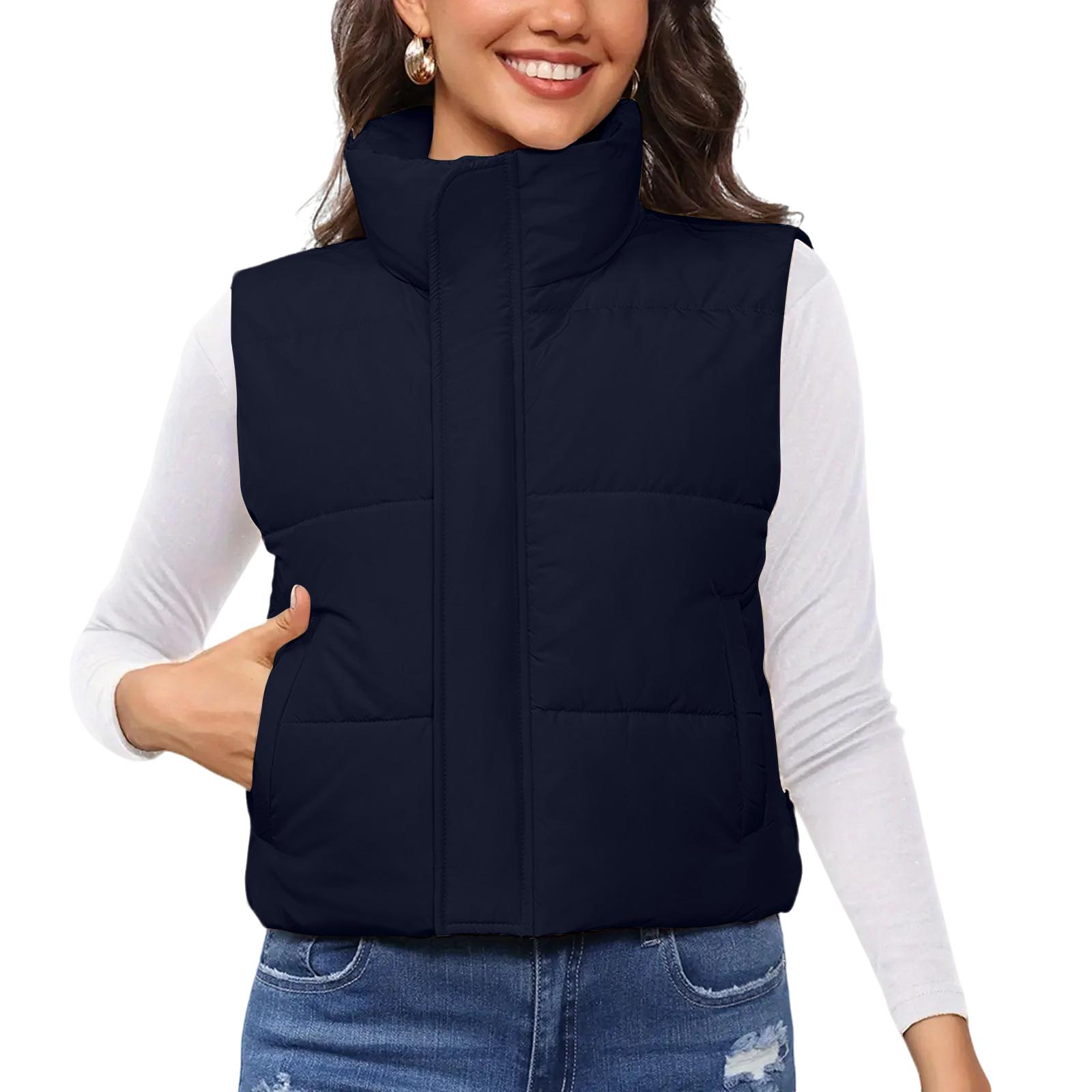 

Women s Solid Color Fashionable Pocket Stand Up Collar Vest Jacket L