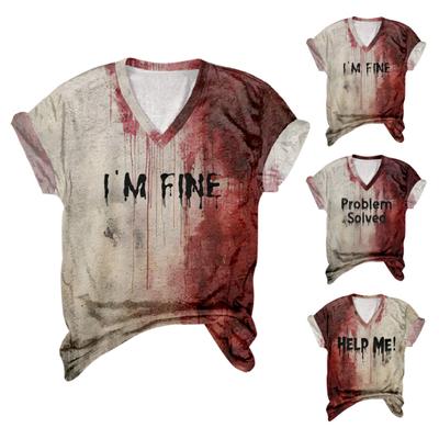T-shirt Femme Col V Manches Longues Imprimé Lettres Sang T-shirt Coupe Ample Pull Halloween