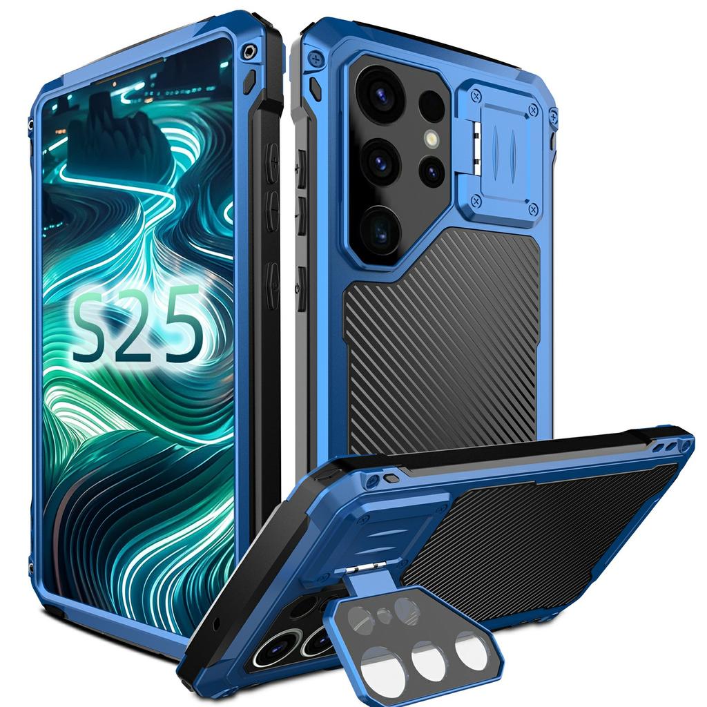 Samsung Galaxy S25 Ultra Tok Alumínium Ötvözet+Szilikon Lencse Kitámasztó Telefontok Edzett Üveg Fóliával