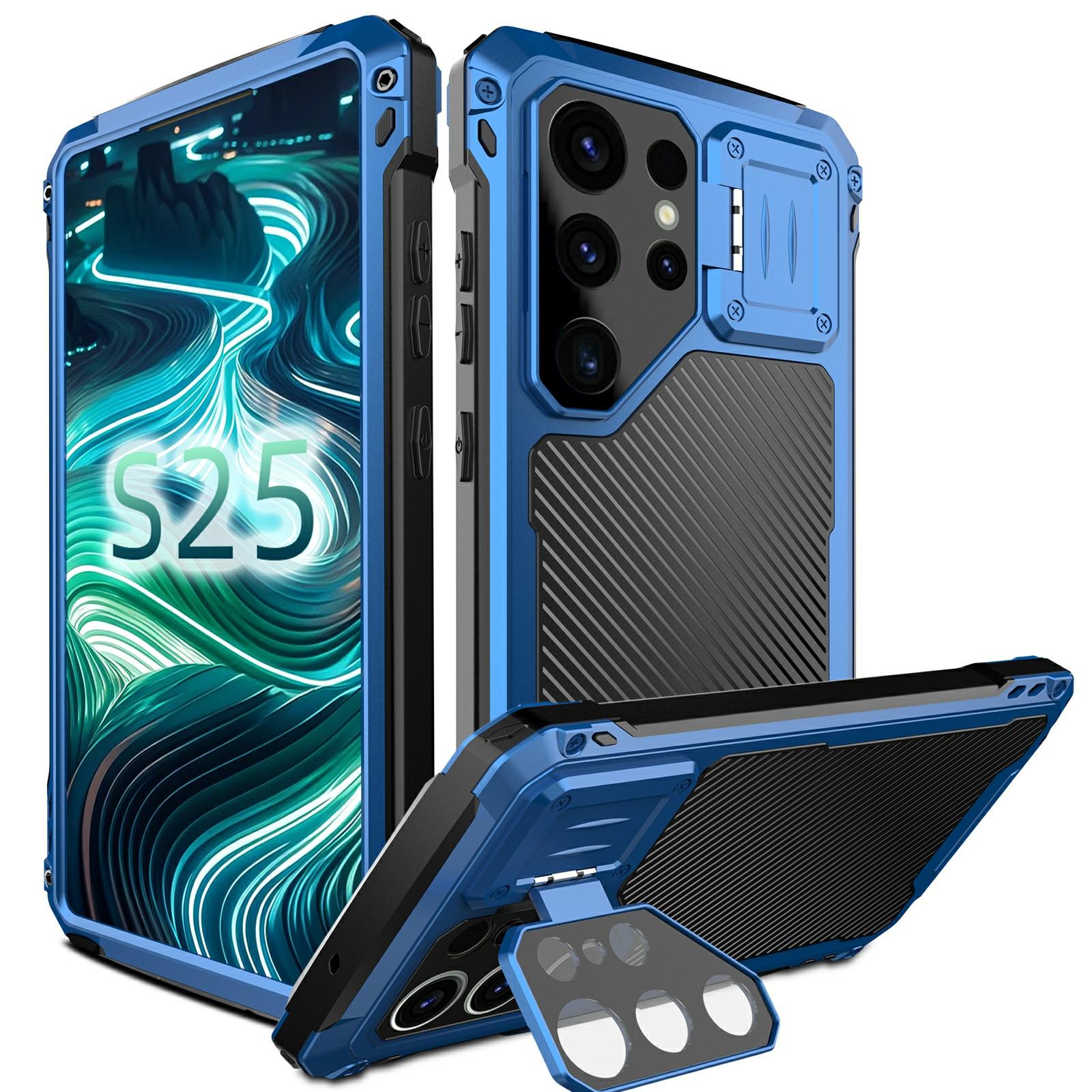 

For Samsung Galaxy S25 Ultra Case Aluminum Alloy+Silicone Lens Kickstand Phone Cover with Tempered Glass Film Blue