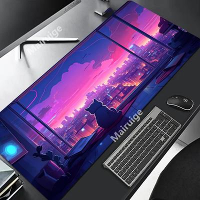 Cat & Neon Dusk Mouse Pad Computer Accessories Office Game Table Mats Rubber Anti-slip Gaming Keyboard Mousepad Desk Pads 40X90