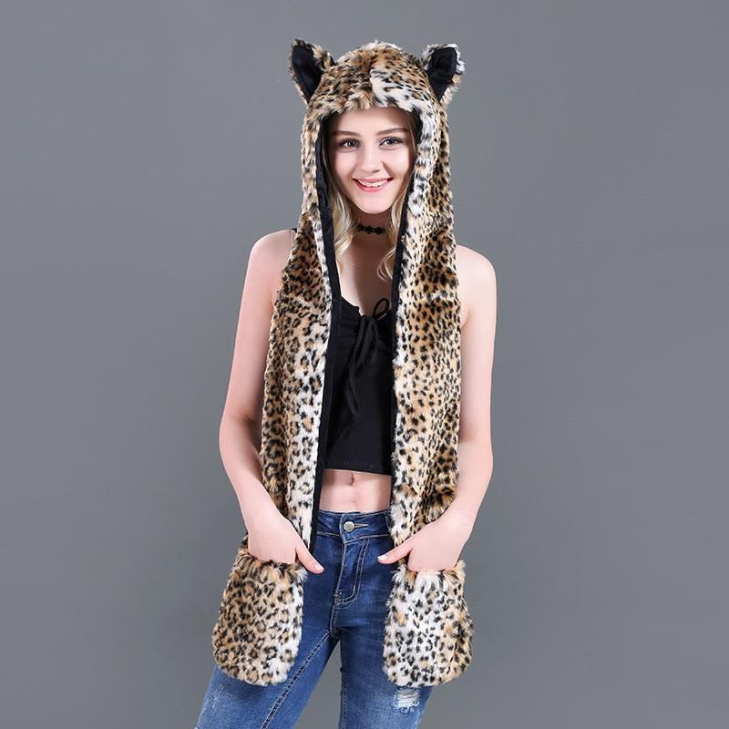 Fellimitat Mütze mit Schal und Handschuhen Set - Niedliches Plüschtier-Motiv Winter Warme Kopfbedeckung Damen Teens