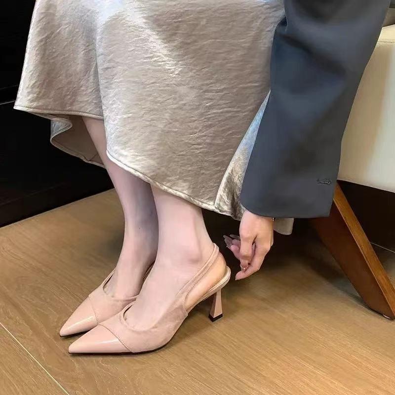 

2025 summer new temperament pointed splicing high heels gentle thin heel side empty single shoes commuting shallow mouth bag head sandals 40 рожевий