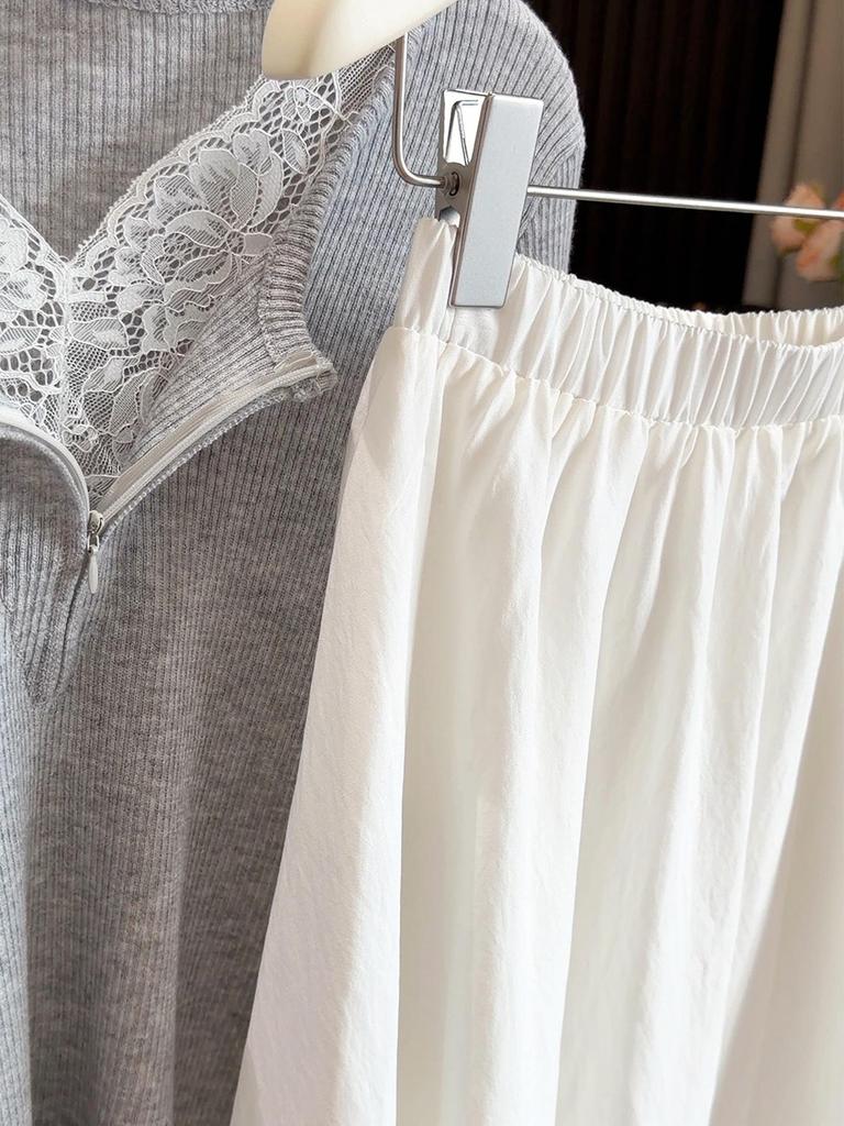 Spring 2026 Women's Retro Lace Hem A-line Skirt - High Waist, Irregular, Slimming Design