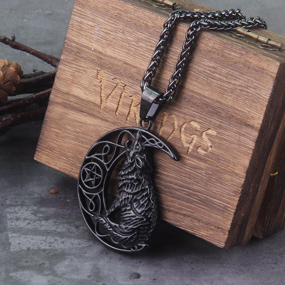 Stainless Steel Nordic Vikings Pendant Necklace Norse Wolf Head Amulet Animal Jewelry Gift with Wooden Box
