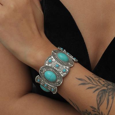 Vintage Boho Imitation Turquoises Elastic Bracelets Bangles for Women Ethnic Carved Silver Color Metal Bracelet Vacation Jewelry