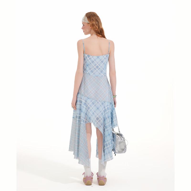 UNIFREE Blue Chiffon Camisole Dress with Plaid Patchwork