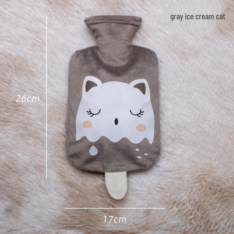 Gray Ice Cream Cat Plush Hot Water Bottle Hand Warmer Set