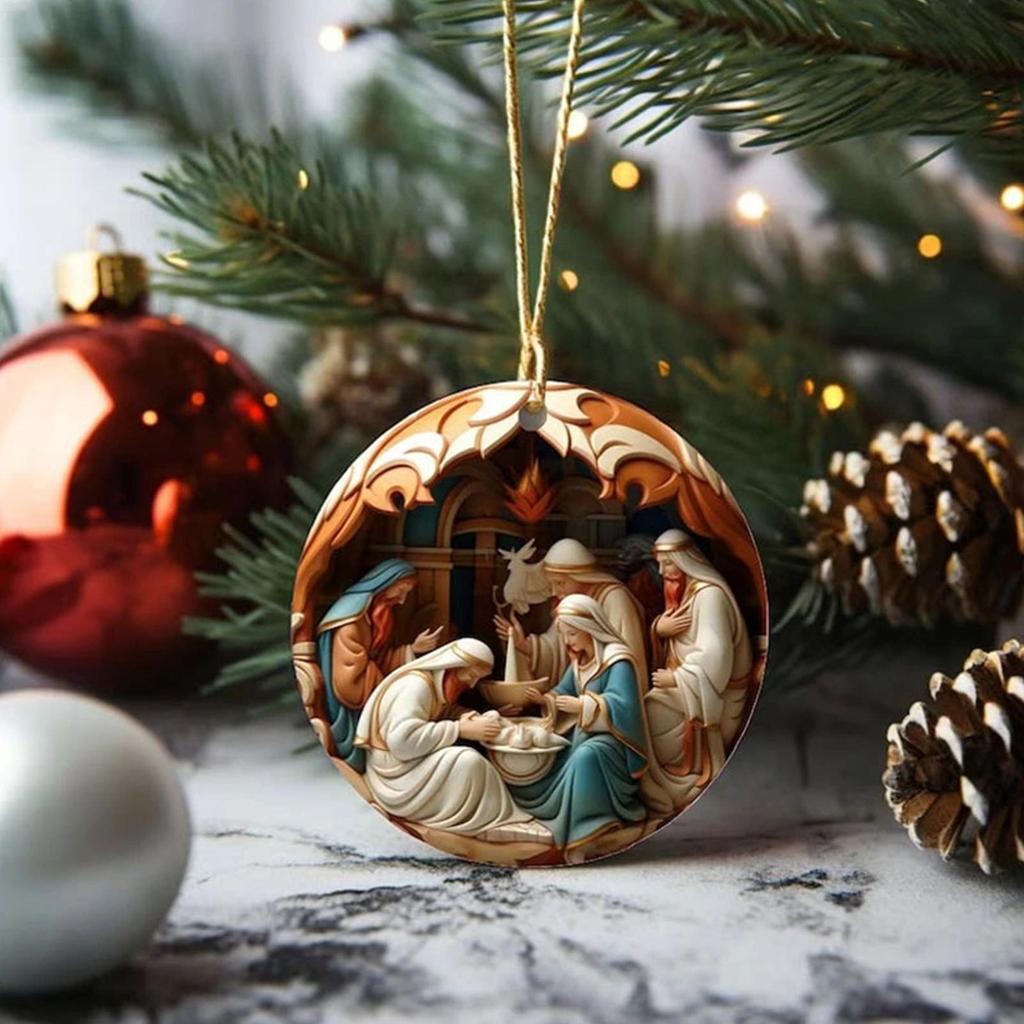 12pcs Christmas Tree Wooden Ornament Wood Nativity Scene Pendant Decor 2D Painted Christmas Tree Nativity Ornament