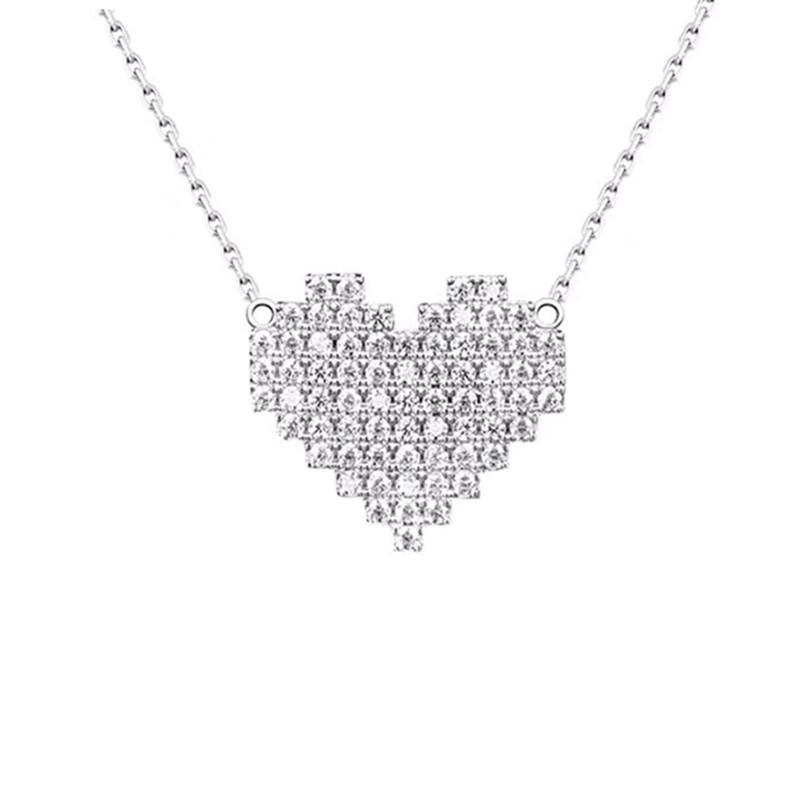Beixi S925 Sterling Silver Full Diamond Heart Necklace - Elegant Peach Heart Design, Popular Korean Style.