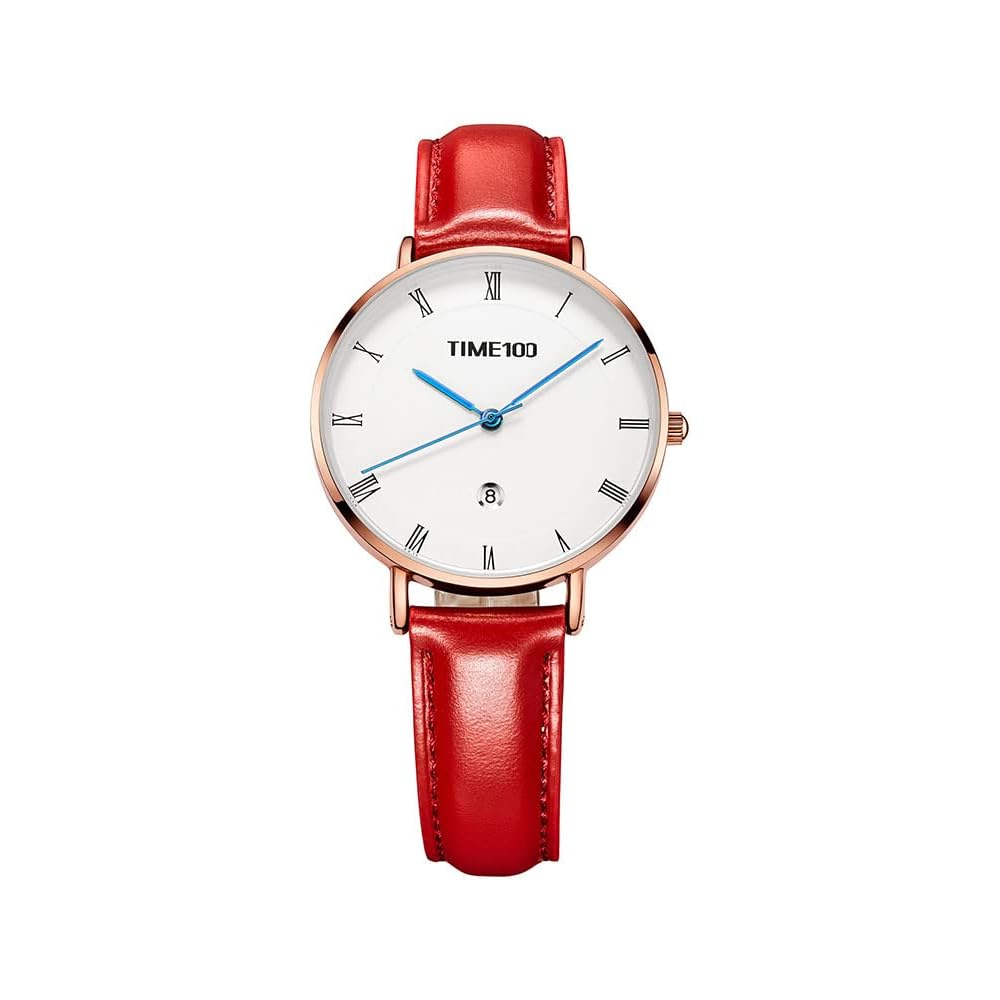 TIME100 Women s Slim Analog Watch with Leather Strap, Date Function, Waterproof, Red