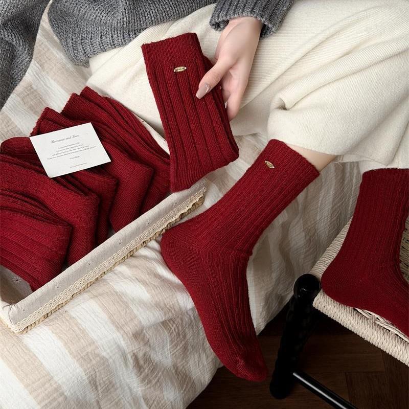 2 Pairs Golden Knot New Year Red Socks - Thick and Warm Wool Stockings for Autumn/Winter, Lucky Red Mid-Calf Socks