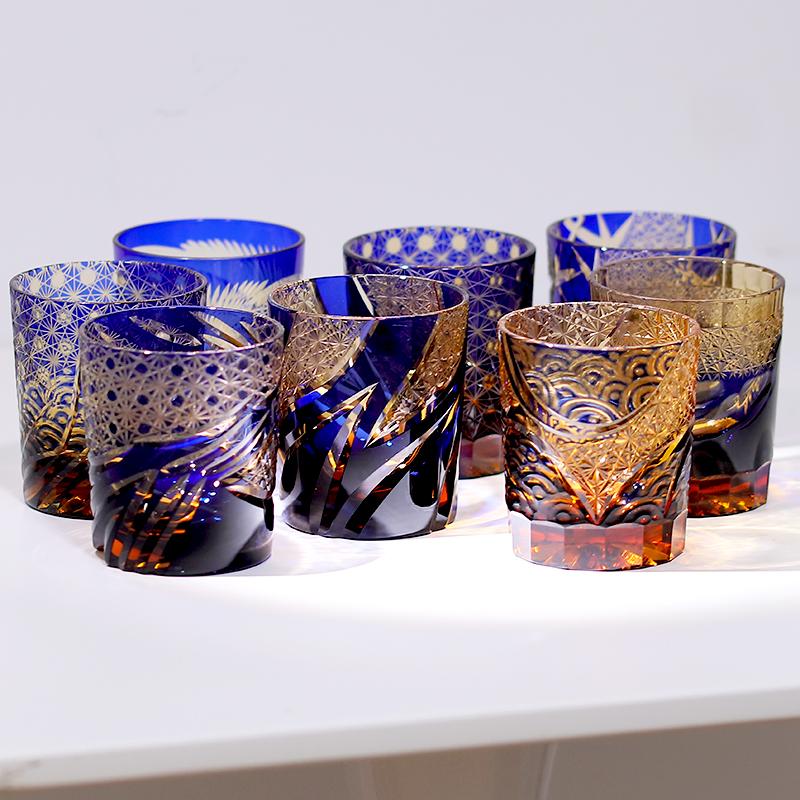 Handicraft Cut Amber Blue Colored Glass Whisky Glasses Tumbler Japanese Edo Kiriko Technique Glass Artwork Drinkware 260Ml