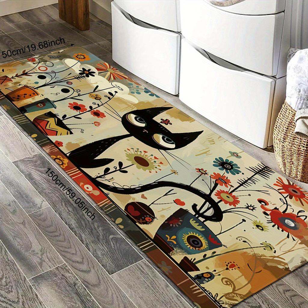 1Pcs Anti Fatigue Kitchen Rugs,Floral Black Cat Print Waterproof Non-Slip Thick Cushioned Kitchen Mat Heavy Duty Comfort Standing Mat for Kitchen