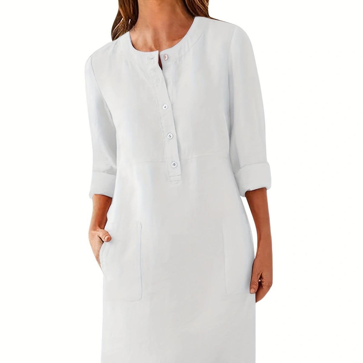 Summer Women s Casual Loose Crew Neck Short Sleeve Cotton Linen Dress With Pockets, Wrinkled Style S белый
